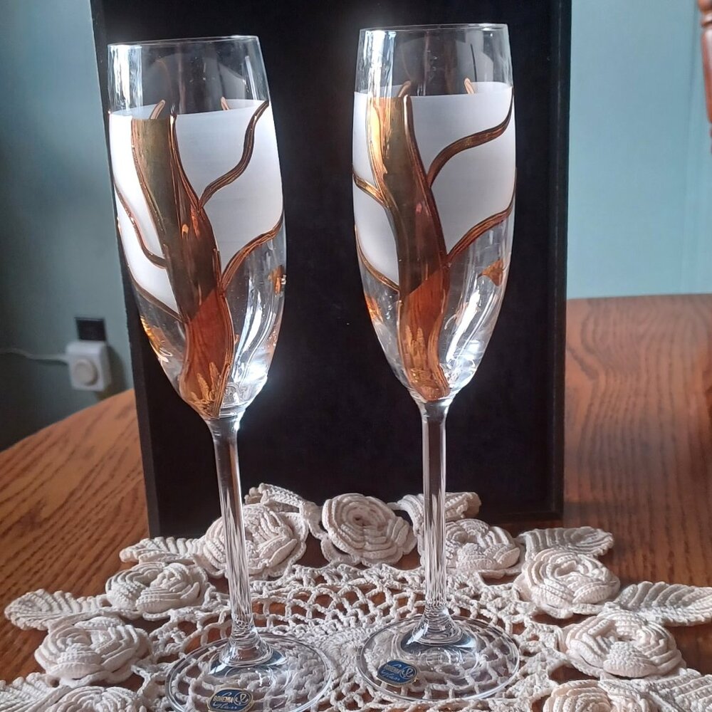 Czech Rebulic Cyrstal Flutes - Art glass decorated